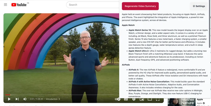 YoutubeMate generates a summary from a YouTube video